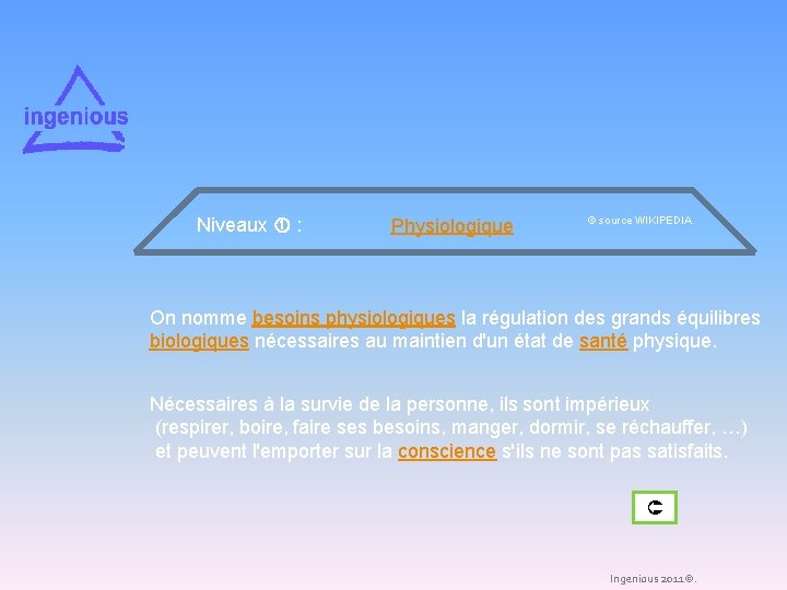 Niveaux : Physiologique © source WIKIPEDIA On nomme besoins physiologiques la régulation des grands