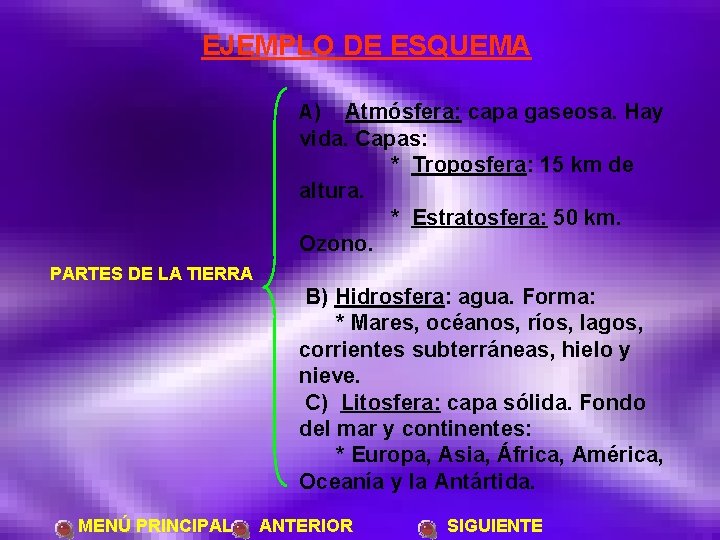 EJEMPLO DE ESQUEMA A) Atmósfera: capa gaseosa. Hay vida. Capas: * Troposfera: 15 km