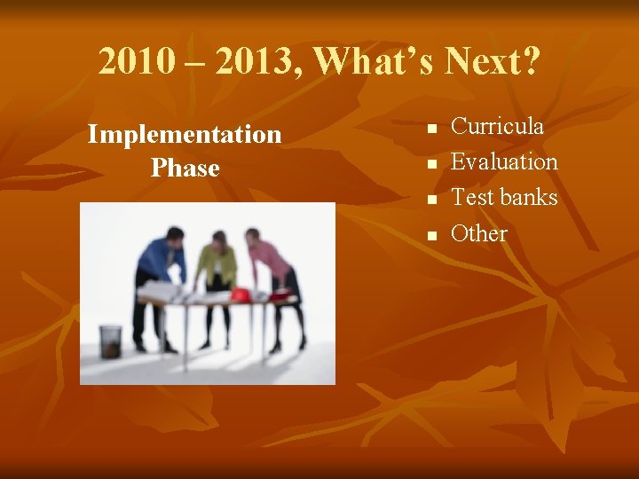 2010 – 2013, What’s Next? Implementation Phase n n Curricula Evaluation Test banks Other