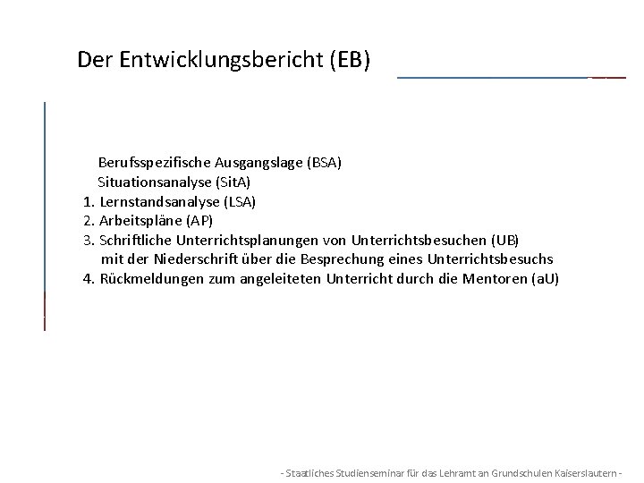 Der Entwicklungsbericht (EB) Berufsspezifische Ausgangslage (BSA) Situationsanalyse (Sit. A) 1. Lernstandsanalyse (LSA) 2. Arbeitspläne
