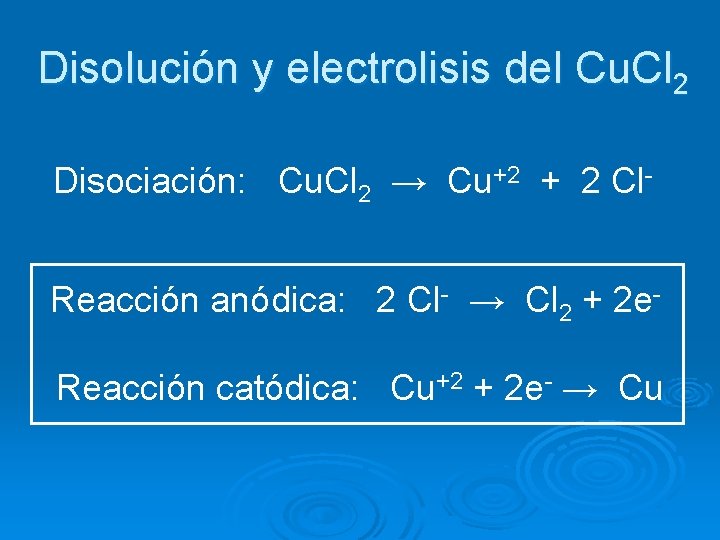 Disolución y electrolisis del Cu. Cl 2 Disociación: Cu. Cl 2 → Cu+2 +