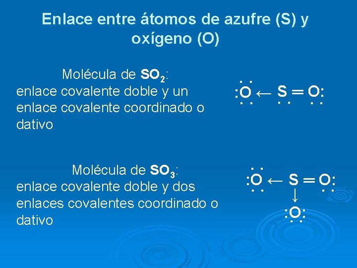 Enlace entre átomos de azufre (S) y oxígeno (O) Molécula de SO 2: enlace