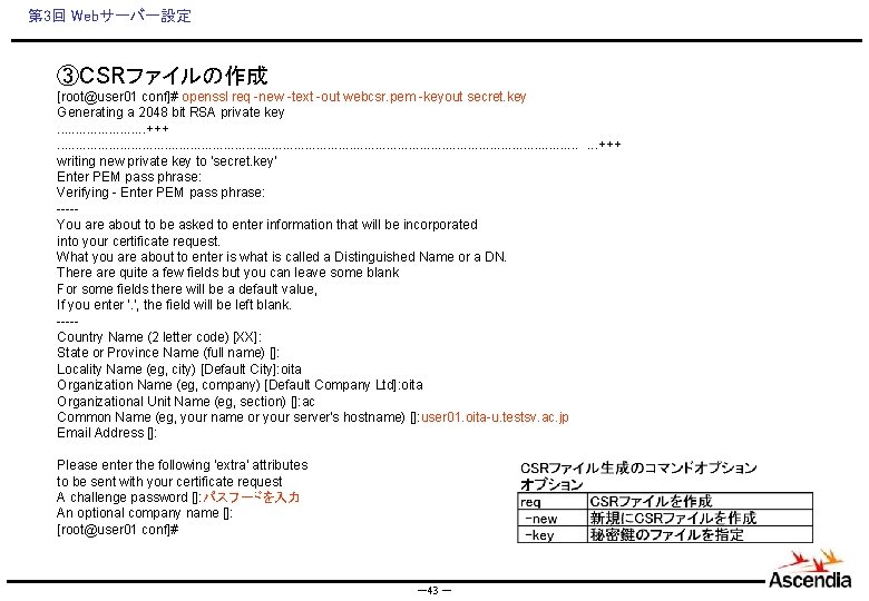 第 3回 Webサーバー設定 ③CSRファイルの作成 [root@user 01 conf]# openssl req -new -text -out webcsr. pem