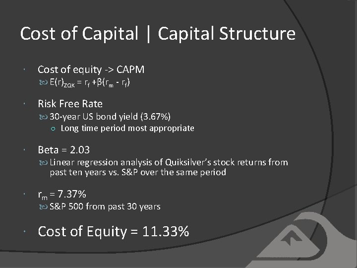 Cost of Capital | Capital Structure Cost of equity -> CAPM E(r)ZQK = rf