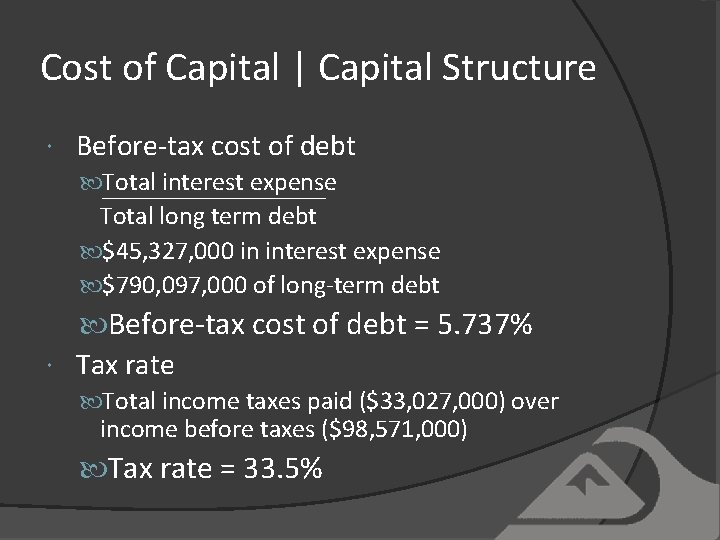 Cost of Capital | Capital Structure Before-tax cost of debt Total interest expense Total