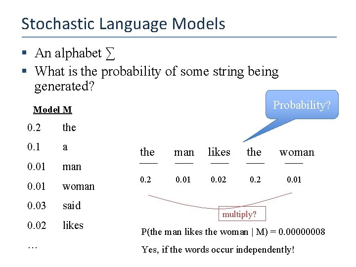 Stochastic Language Models § An alphabet ∑ § What is the probability of some