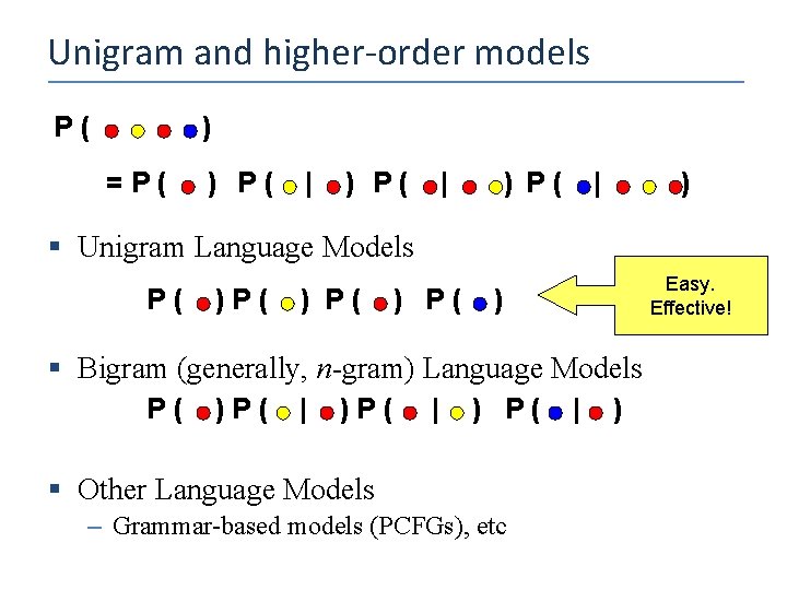 Unigram and higher-order models P( ) =P( ) P( | ) § Unigram Language