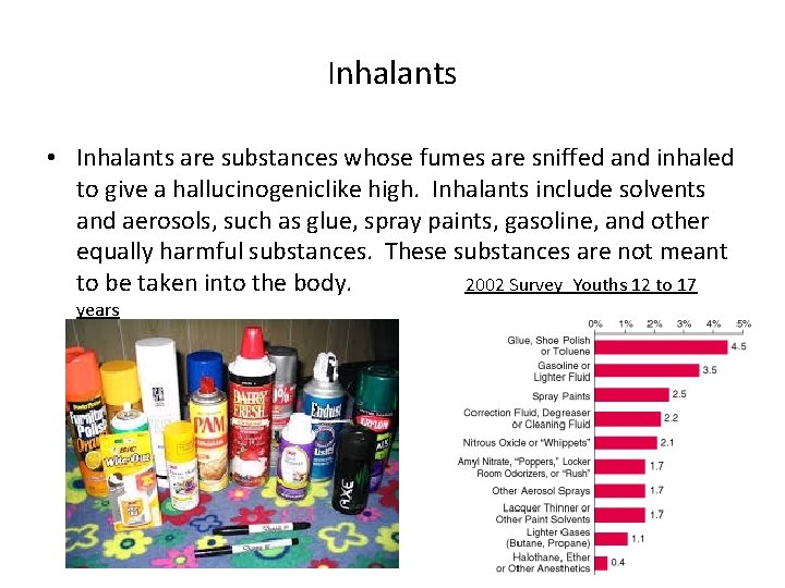 Inhalants • Inhalants are substances whose fumes are sniffed and inhaled to give a