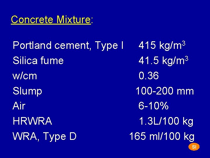 Concrete Mixture: Portland cement, Type I 415 kg/m 3 Silica fume 41. 5 kg/m