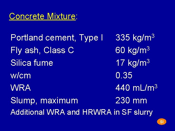 Concrete Mixture: Portland cement, Type I Fly ash, Class C Silica fume w/cm WRA