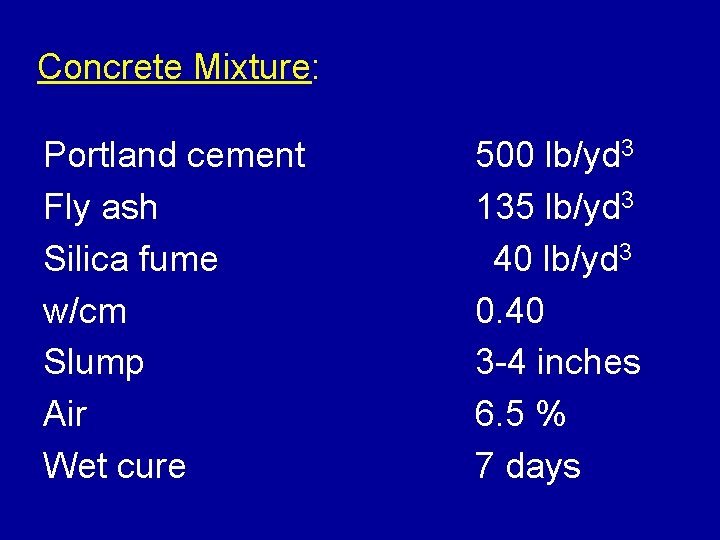 Concrete Mixture: Portland cement Fly ash Silica fume w/cm Slump Air Wet cure 500