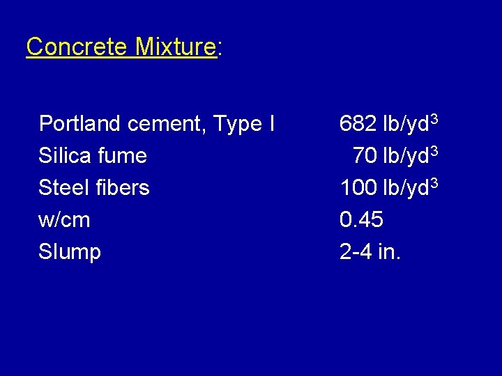 Concrete Mixture: Portland cement, Type I Silica fume Steel fibers w/cm Slump 682 lb/yd