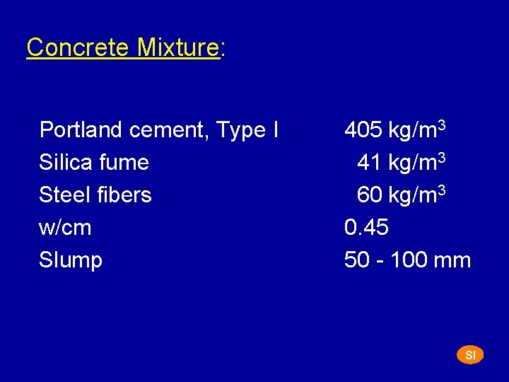 Concrete Mixture: Portland cement, Type I Silica fume Steel fibers w/cm Slump 405 kg/m