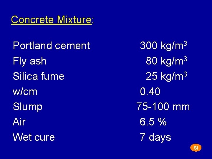 Concrete Mixture: Portland cement Fly ash Silica fume w/cm Slump Air Wet cure 300