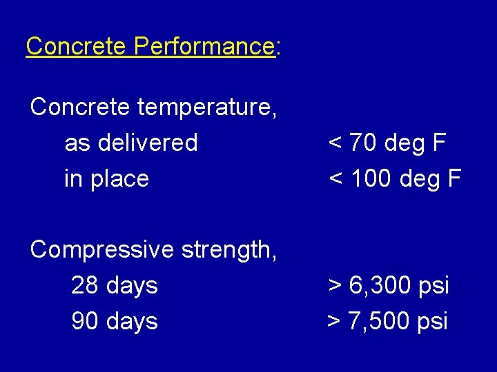 Concrete Performance: Concrete temperature, as delivered in place < 70 deg F < 100