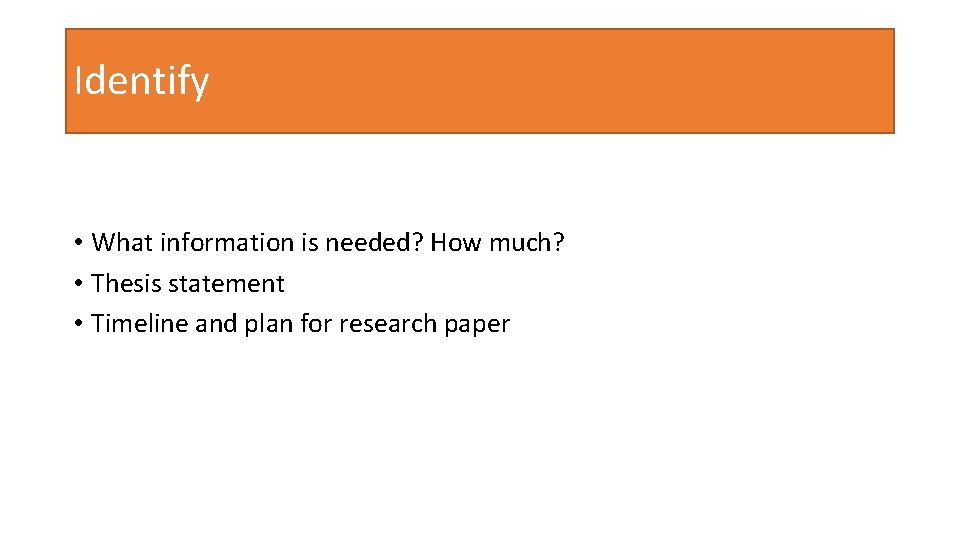 Identify • What information is needed? How much? • Thesis statement • Timeline and