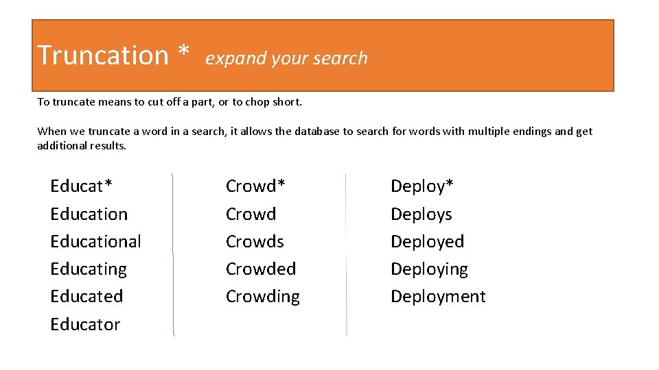 Truncation * expand your search To truncate means to cut off a part, or