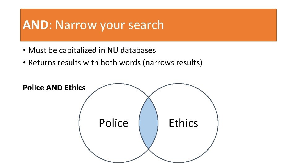 AND: Narrow your search • Must be capitalized in NU databases • Returns results