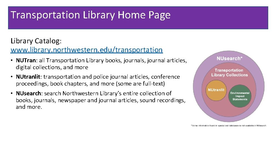 Transportation Library Home Page Library Catalog: www. library. northwestern. edu/transportation • NUTran: all Transportation