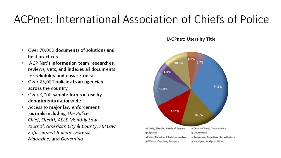 IACPnet: International Association of Chiefs of Police IACPnet: Users by Title • Over 70,