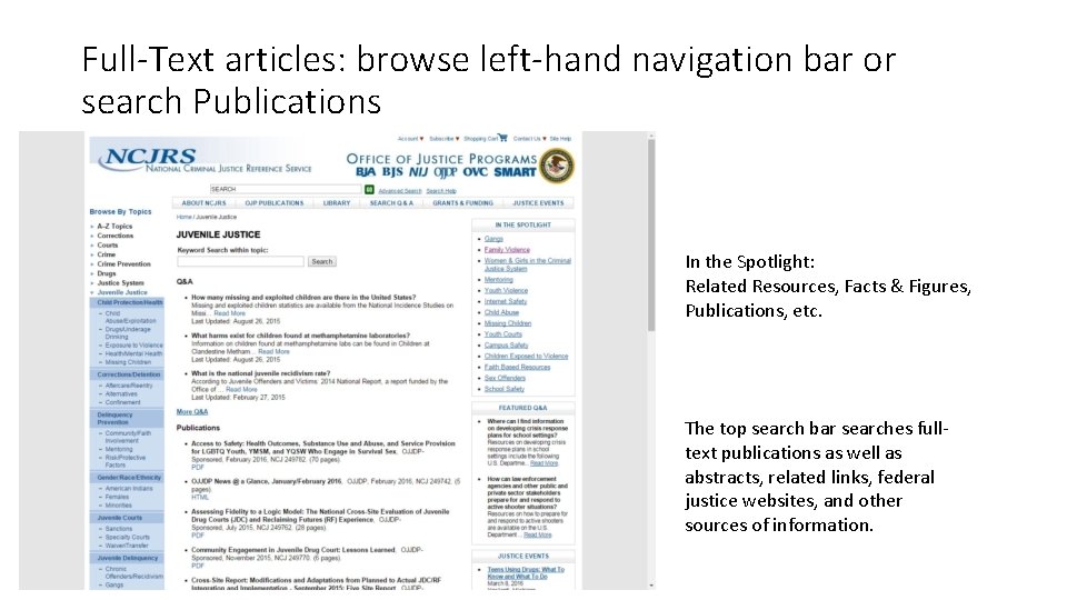 Full-Text articles: browse left-hand navigation bar or search Publications In the Spotlight: Related Resources,