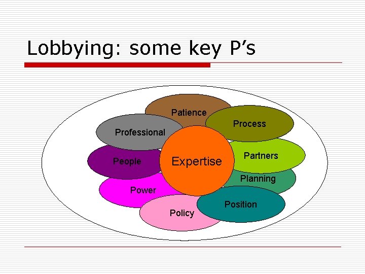 Lobbying: some key P’s Patience Process Professional People Expertise Partners Planning Power Policy Position