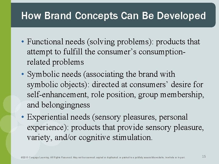 How Brand Concepts Can Be Developed • Functional needs (solving problems): products that attempt