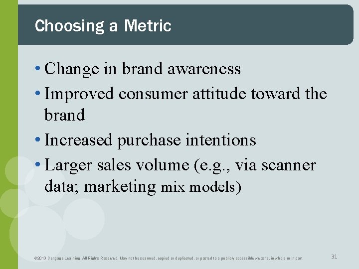 Choosing a Metric • Change in brand awareness • Improved consumer attitude toward the