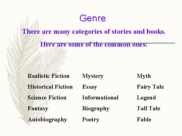 Genre There are many categories of stories and books. Here are some of the