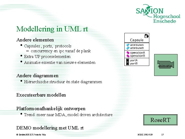 Modellering in UML rt Andere elementen • Capsules , ports, • • protocols =