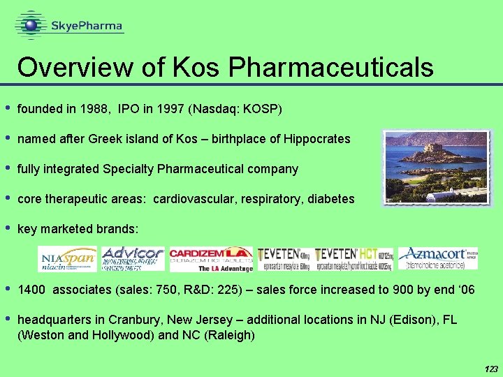 Overview of Kos Pharmaceuticals • founded in 1988, IPO in 1997 (Nasdaq: KOSP) •