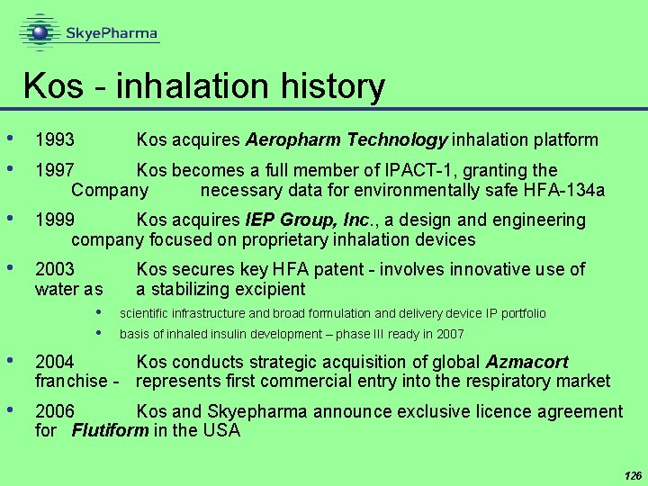 Kos - inhalation history • • 1993 • 1999 Kos acquires IEP Group, Inc.