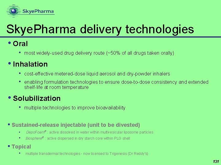 Skye. Pharma delivery technologies • Oral • most widely-used drug delivery route (~50% of