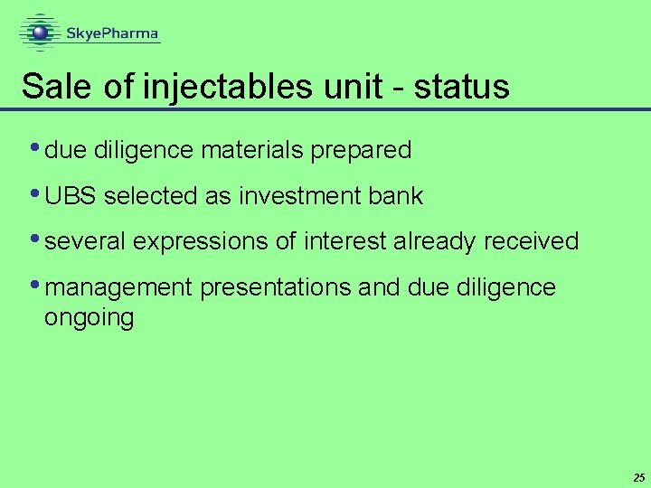 Sale of injectables unit - status • due diligence materials prepared • UBS selected