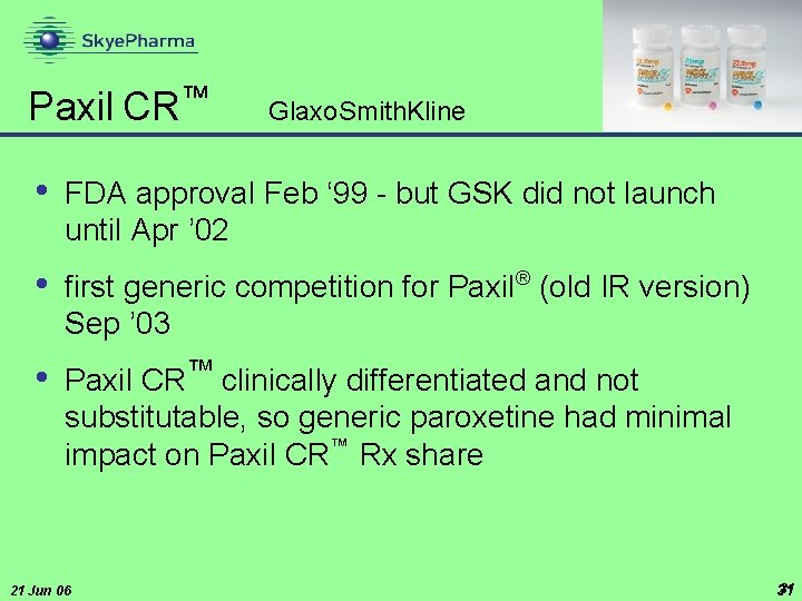  ™ Paxil CR Glaxo. Smith. Kline • FDA approval Feb ‘ 99 -