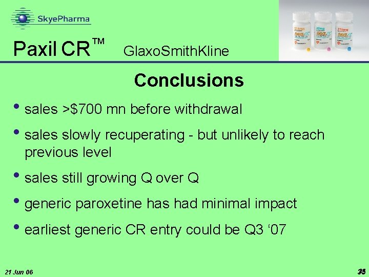  ™ Paxil CR Glaxo. Smith. Kline Conclusions • sales >$700 mn before withdrawal