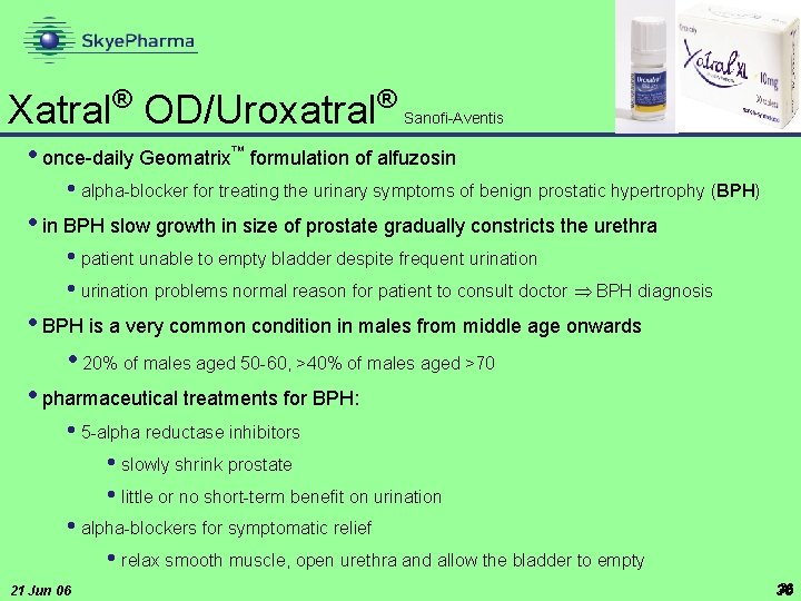 Xatral® OD/Uroxatral® Sanofi-Aventis • once-daily Geomatrix™ formulation of alfuzosin • alpha-blocker for treating the