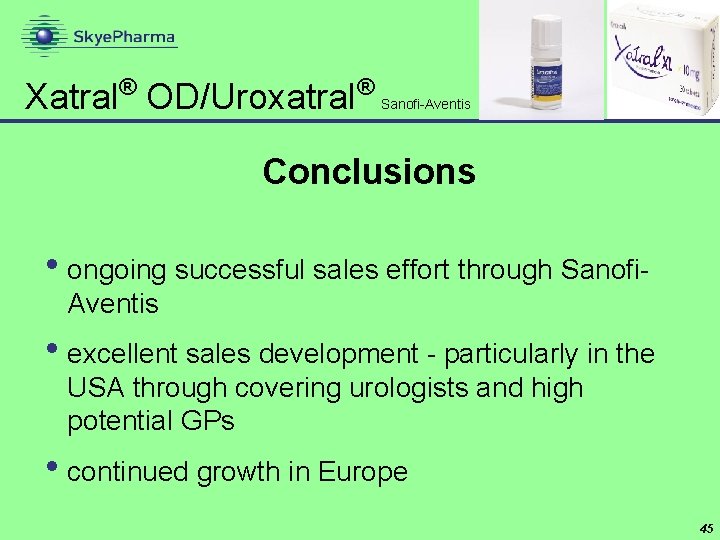 ® Xatral OD/Uroxatral ® Sanofi-Aventis Conclusions • ongoing successful sales effort through Sanofi. Aventis
