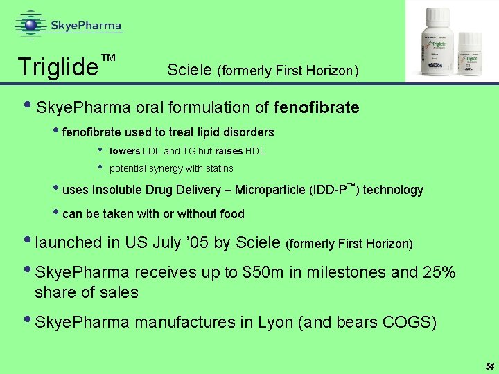 ™ Triglide Sciele (formerly First Horizon) • Skye. Pharma oral formulation of fenofibrate •