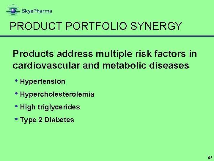 PRODUCT PORTFOLIO SYNERGY Products address multiple risk factors in cardiovascular and metabolic diseases •