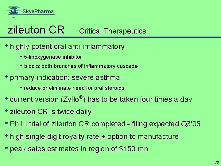 zileuton CR Critical Therapeutics • highly potent oral anti-inflammatory • 5 -lipoxygenase inhibitor •