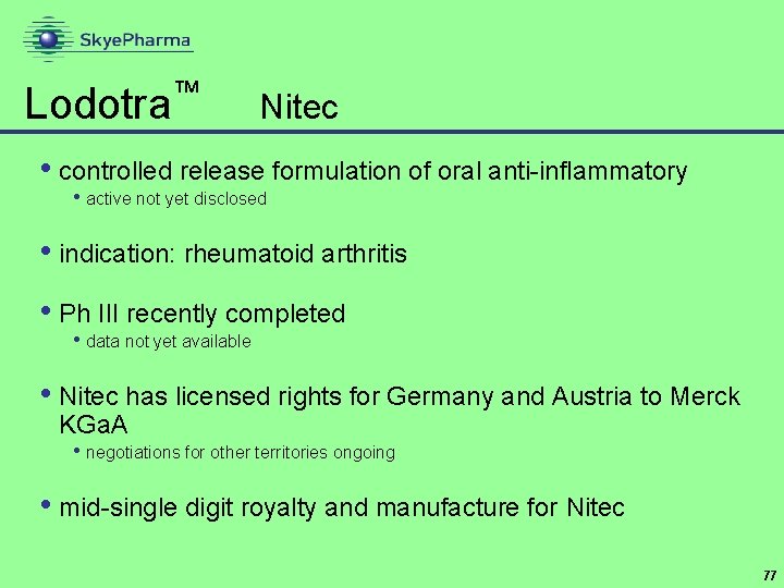 ™ Lodotra Nitec • controlled release formulation of oral anti-inflammatory • active not yet