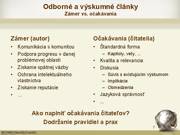 Odborné a výskumné články Zámer vs. očakávania Zámer (autor) Očakávania (čitatelia) • Komunikácia s