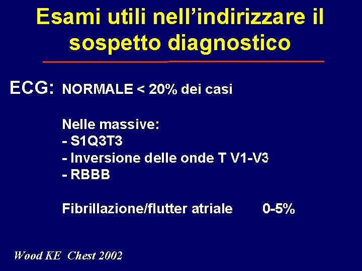 Esami utili nell’indirizzare il sospetto diagnostico ECG: NORMALE < 20% dei casi Nelle massive: