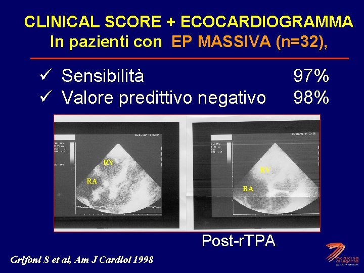 CLINICAL SCORE + ECOCARDIOGRAMMA In pazienti con EP MASSIVA (n=32), ü Sensibilità ü Valore