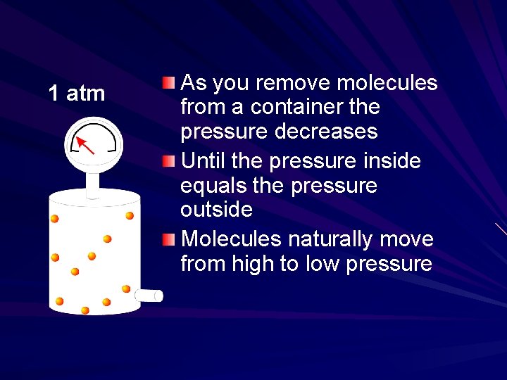 1 atm As you remove molecules from a container the pressure decreases Until the