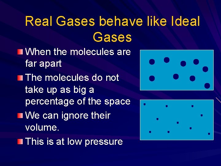 Real Gases behave like Ideal Gases When the molecules are far apart The molecules