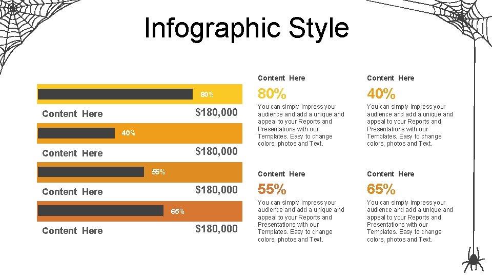 Infographic Style 80% $180, 000 Content Here 40% $180, 000 Content Here 55% $180,