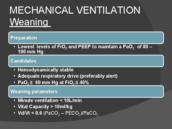 MECHANICAL VENTILATION Weaning Preparation • Lowest levels of Fi. O 2 and PEEP to