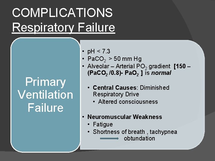 COMPLICATIONS Respiratory Failure Primary Ventilation Failure • p. H < 7. 3 • Pa.